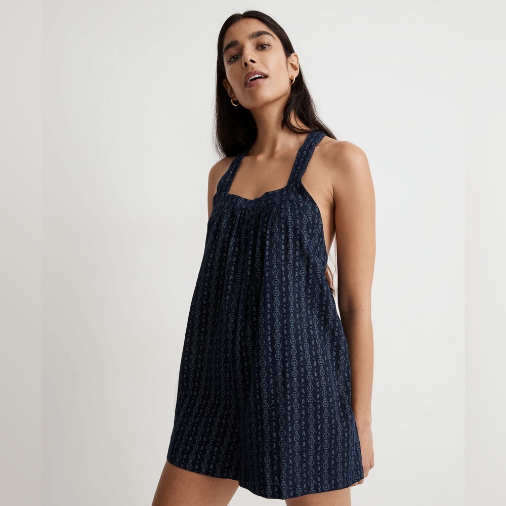 Madewell Square-Neck Crossback Romper in navy Striped Floral, XS extra small